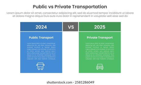 public transport vs personal vehicle comparison concept for infographic template banner with box table with fullcolor background block with two point list information vector