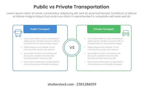 public transport vs personal vehicle comparison concept for infographic template banner with box opposite outline with header with two point list information vector