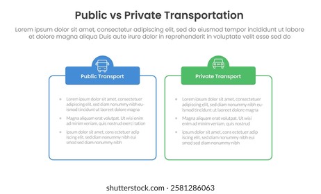public transport vs personal vehicle comparison concept for infographic template banner with outline box table with two point list information vector