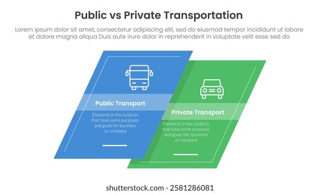 public transport vs personal vehicle comparison concept for infographic template banner with skewed square shape with two point list information vector