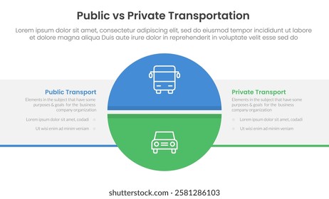 public transport vs personal vehicle comparison concept for infographic template banner with big circle divided and box rectangle with two point list information vector