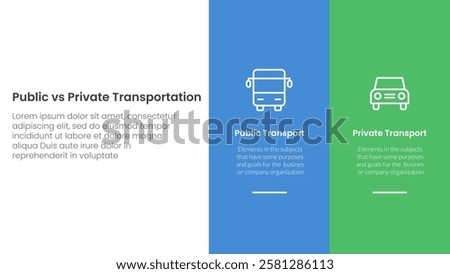 public transport vs personal vehicle comparison concept for infographic template banner with big column banner on right layout with two point list information vector