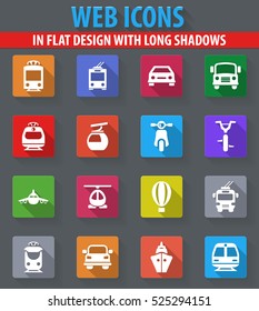 Public transport web icons in flat design with long shadows