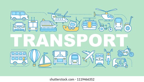 Public transport word concepts banner. Water, land and air vehicles. Modes of transport. Isolated lettering typography idea with linear icons. Vector outline illustration