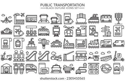 Public transportation black outline icons set. contain such as train, subway, bus, airplane and more. use for modern concept, UI or UX kit, web and app. vector EPS 10 ready convert to SVG. svg