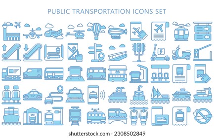 Public transportation blue color icons set. contain such as train, subway, bus, airplane and more. use for modern concept, UI or UX kit, web and app. vector EPS 10 ready convert to SVG. svg