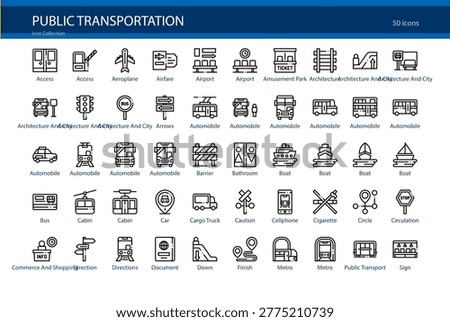 Public Transportation Bus Train Subway Urban Commute Icon Set