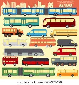 Public transportation, buses. Set elements infographics. Vector illustration