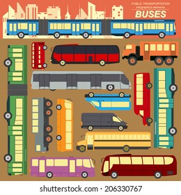 Public transportation, buses. Set elements infographics. Vector illustration