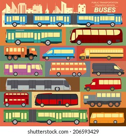 Public transportation, buses. Set elements infographics. Vector illustration