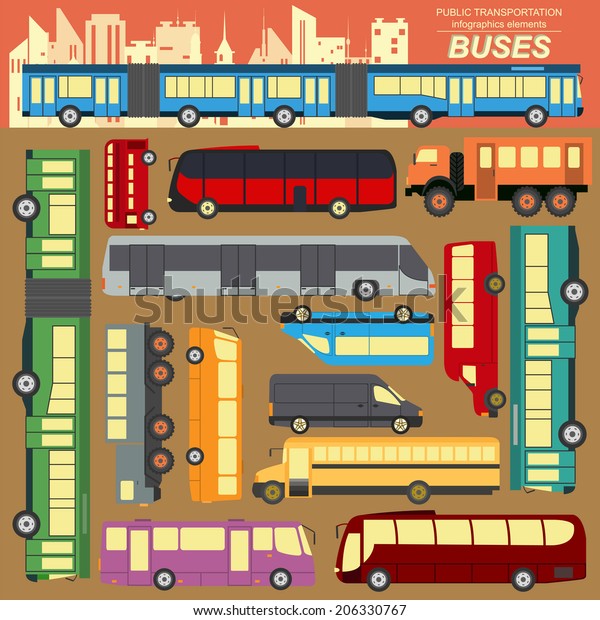 Public transportation, buses. Set elements\
infographics. Vector\
illustration