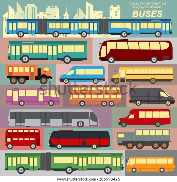 Public transportation, buses. Set elements
infographics. Vector
illustration