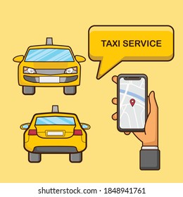 A public transportation called a taxi. The taxi is yellow. Taxi means of transportation