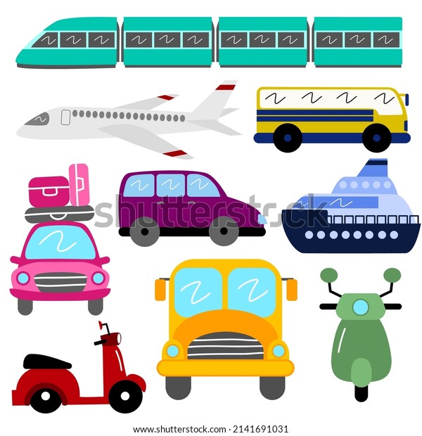 Public\
transportation cartoon set full\
color