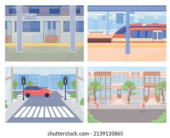 Public transportation in city lat color vector illustration set. Rail trip. Metro station. Transport for passengers 2D simple cartoon cityscape with buildings on background collection