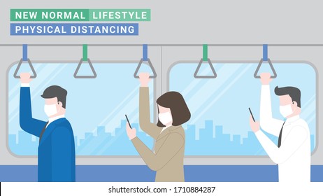 Public transportation city lifestyle after pandemic covid-19 corona virus. New normal is social distancing and wearing mask standing away. Flat design style vector concept