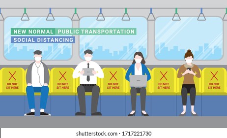 Public transportation city lifestyle after pandemic covid-19 corona virus. New normal is social distancing and wearing mask sitting away. Flat design style vector concept