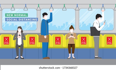 Public transportation city lifestyle after pandemic covid-19 corona virus. Office people going to work. New normal is social distancing and wearing mask. Flat style vector design concept.