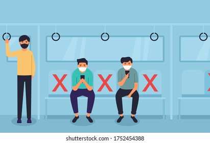 Public transportation city lifestyle after pandemic covid-19 corona virus. New normal is social distancing and wearing mask sitting away. Flat design style vector concept