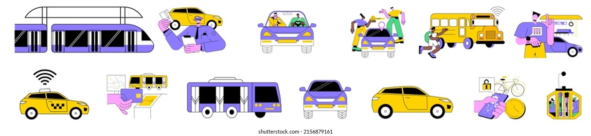 Public transportation colorful linear flat vector illustrations set. Passenger transportation services. Taxi, parking ticket, car and bike sharing app, bus and subway, passenger travel card.