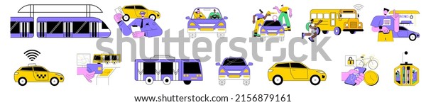 Public transportation colorful linear flat vector\
illustrations set. Passenger transportation services. Taxi, parking\
ticket, car and bike sharing app, bus and subway, passenger travel\
card.