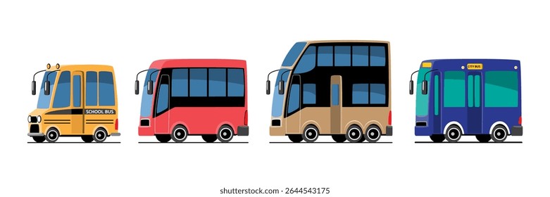 Public transportation or commercial vehicles set cartoon illustration included school bus, city bus and double decker bus . Flat design . Isolate on white background . Vector .