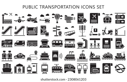 Public transportation glyph icons set. contain such as train, subway, bus, airplane and more. use for modern concept, UI or UX kit, web and app. vector EPS 10 ready convert to SVG. svg