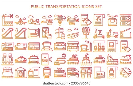 Public transportation gradient outline icons set. contain such as train, subway, bus, airplane and more. use for modern concept, UI or UX kit, web and app. vector EPS 10 ready convert to SVG. svg