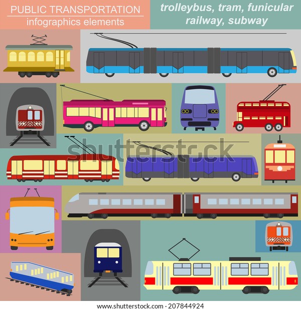 Public transportation icon infographics.\
Tram, trolleybus; subway. Vector\
illustration