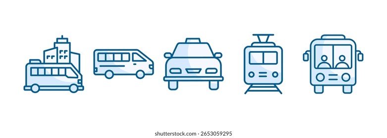 Conjunto de iconos de Transporte público Colección de estilo múltiple, que contiene Transporte de diseño, Minibús, Tren, Tranvía, Autobús