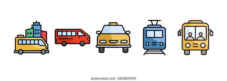 Public Transportation Icon Set Multiple Style Collection, Containing design Transportation, Minibus, Train, Tram, Bus