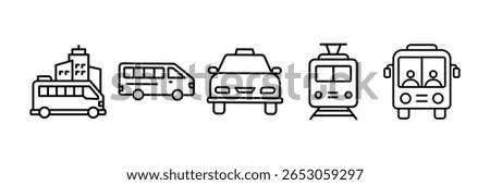 Public Transportation Icon Set Multiple Style Collection, Containing design Transportation, Minibus, Train, Tram, Bus
