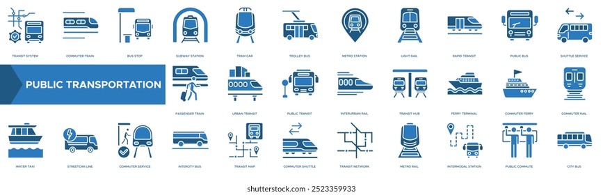 Public Transportation icon. Transit System, Commuter Train, Bus Stop, Subway Station and Tram Car