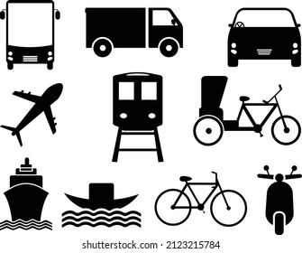 Public Transportation Icons. Airplane, Public bus, Train, motorcycle, bicycle, Ship and auto signs.Vector Illustration