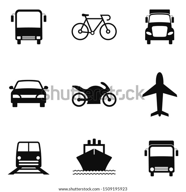 Public Transportation Icons.\
Airplane, Public bus, Train, motorcycle, bicycle, Ship/Ferry and\
auto signs. Shipping delivery symbol. Vector\
Illustration