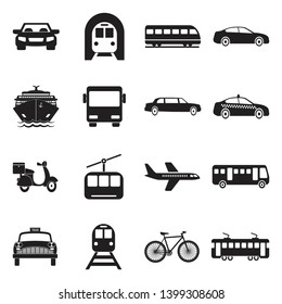 Iconos de transporte público. Diseño plano negro. Ilustración vectorial.