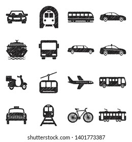 Public Transportation Icons. Black Scribble Design. Vector Illustration.