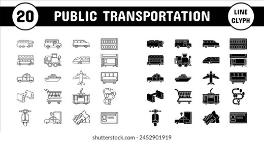 Public Transportation Line Glyph Vector Illustration Icon Sticker Set Design Materials