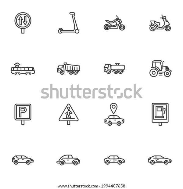 Public transportation line icons set, outline vector\
symbol collection, linear style pictogram pack. Signs, logo\
illustration. Set includes icons as scooter, motorcycle, tram,\
truck vehicle, car 