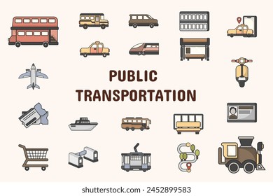 Public Transportation Lineal Color Vector Illustration Icon Sticker Set Design Materials