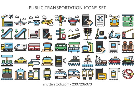 Public transportation lineal multi color icons set. contain such as train, subway, bus, airplane and more. use for modern concept, UI or UX kit, web and app. vector EPS 10 ready convert to SVG. svg