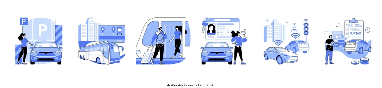 Public transportation linear flat vector abstract concept illustrations set. Passenger transportation services. Taxi, parking card payment, smart electric cars, bus and subway transit, customs. - Shutterstock ID 2120338343