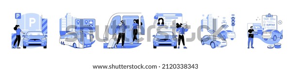 Public transportation linear flat vector\
abstract concept illustrations set. Passenger transportation\
services. Taxi, parking card payment, smart electric cars, bus and\
subway transit,\
customs.