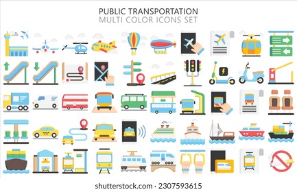 Public transportation multi color icons set. contain such as train, subway, bus, airplane and more. use for modern concept, UI or UX kit, web and app. vector EPS 10 ready convert to SVG. svg