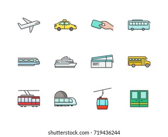 Public transportation related colored flat line icons set with airplane, taxi, bus, card, train, cruise liner, tickets, school bus, tram, subway, cable car.