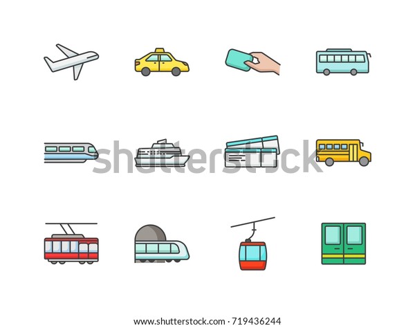 Public transportation related colored\
flat line icons set with airplane, taxi, bus, card, train, cruise\
liner, tickets, school bus, tram, subway, cable\
car.