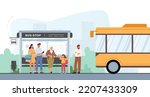 Public Transportation Service Concept. People on Bus Station Waiting Commuter Transport at City Landscape. Passengers Characters Men, Women, Seniors and Kid on Bus Stop. Cartoon Vector Illustration