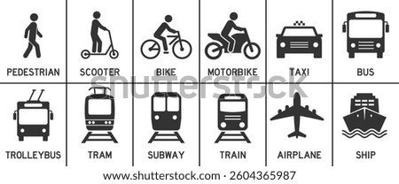 Public transportation. Set of vector icons for road signs and symbols: pedestrian, bicycle, car, bus, trolleybus, tram, subway, train, airplane and ship. Icons for urban transportation.