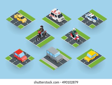 Public transportation. Traffic items collection on the road. Car motorbike ambulance taxi moped police car. City service transport icons. Part of series of city isometric. Vector illustration