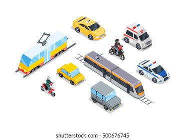 Public transportation. Traffic items collection. Car moto bus taxi ambulance safari off road moto train police car. City service transport icons. Part of series of city isometric. Vector illustration